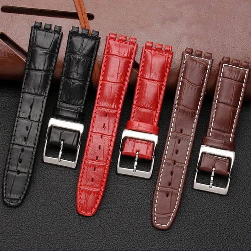 Imagen 2 del producto Pulsera para Swatch, correa de cuero genuino para hombres y mujeres, pulsera a prueba de sudor de 17mm y 19mm, accesorios de reloj con correa de alta calidad