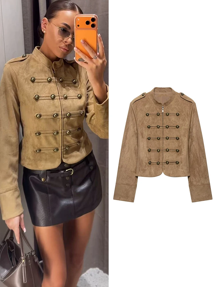 TFMLN Women Slim Jacket Stand Collar Double Breasted Metal Button Decor Zip Front Cropped Outerwear Autumn New Female Clothing