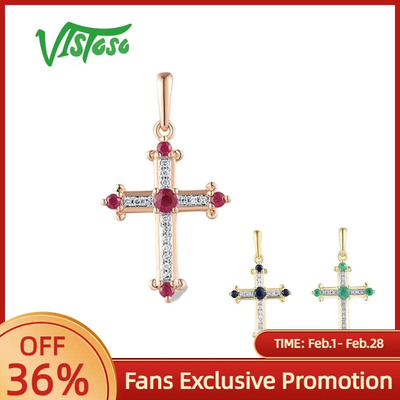 

VISTOSO настоящий кулон-крест из белого желтого розового золота 14 карат 585, блестящий рубин/сапфир/изумрудный бриллиант, свадебные ювелирные украшения