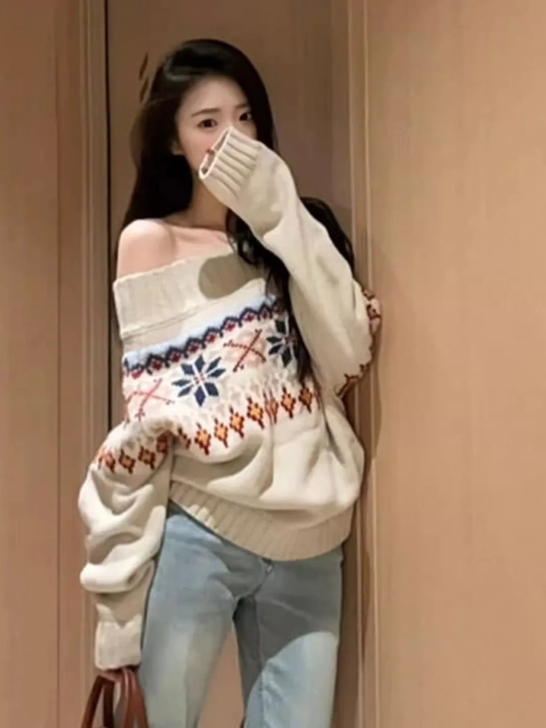 Sweter damski w stylu retro Fair Isle, luźny, długi, z jednym ramieniem, idealny na jesień i zimę, wygodny, wyszczuplający.