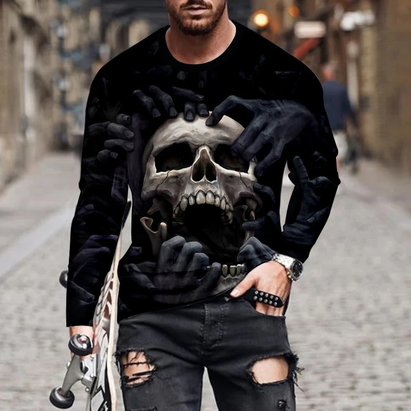 

Funny 3D Skull Print T Shirt For Men Casual O-neck Cotton Long Sleeve T-Shirt Hip Hop Trend Street Clothing Fall Loose Pullover