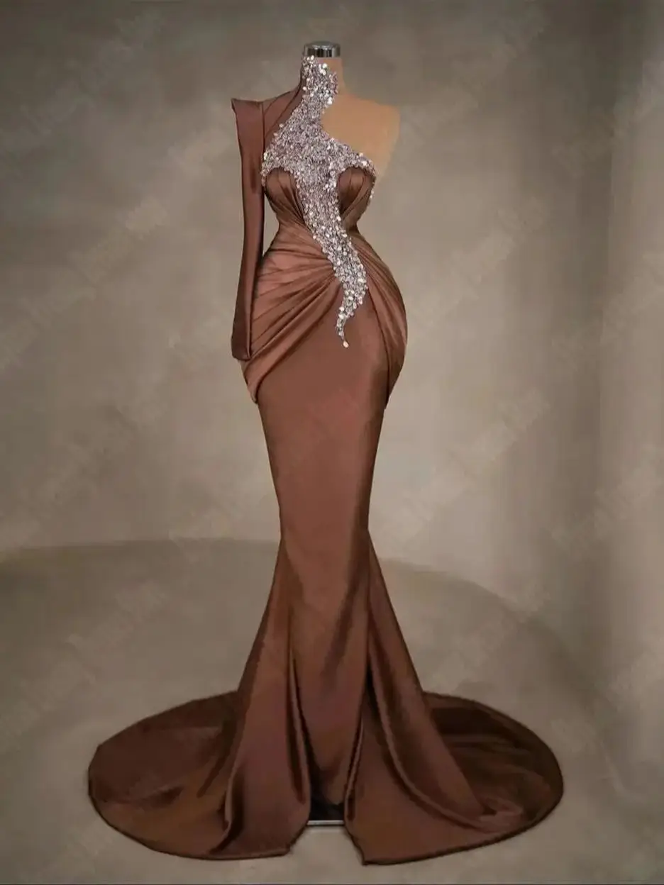 Robe de Soirée de Forme Sirène Sexy à Fesse Ronde pour Femme, Tenue à Manches Unique, Éducative, pour Bal de Promo, Tout Nouveau, 2024