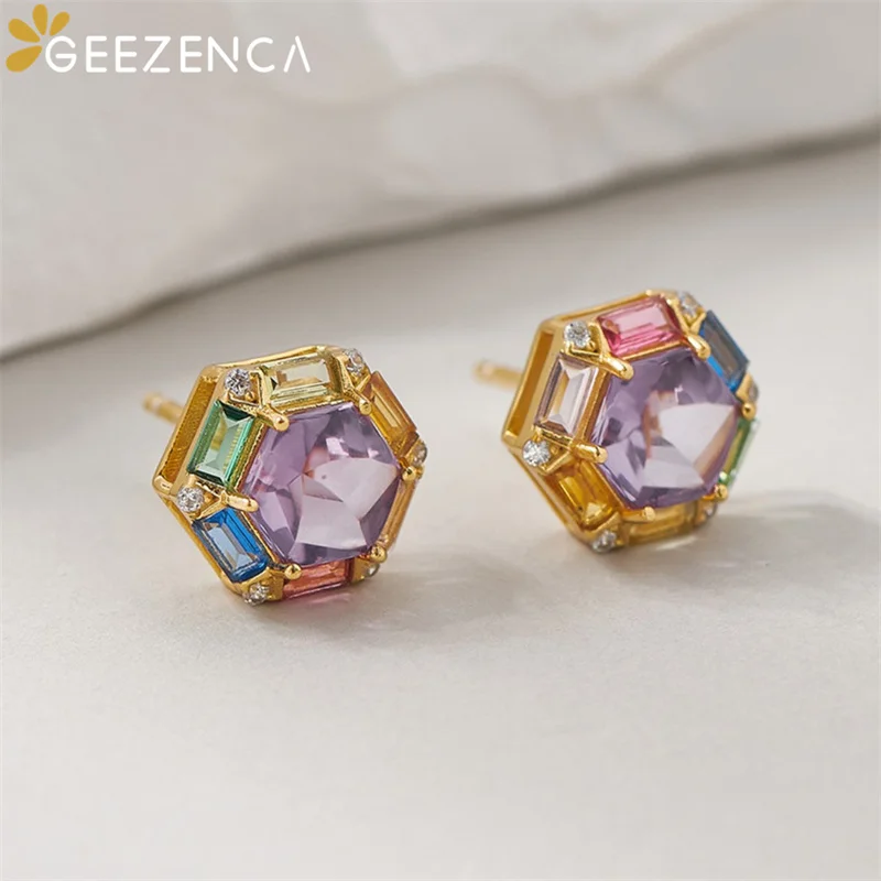 GEEZENCA 925 Sterling Silver Amethyst Colored Zircon Hexagon Earrings And Ring Women Geometric Clear Stone Jewelry Set 2024 New