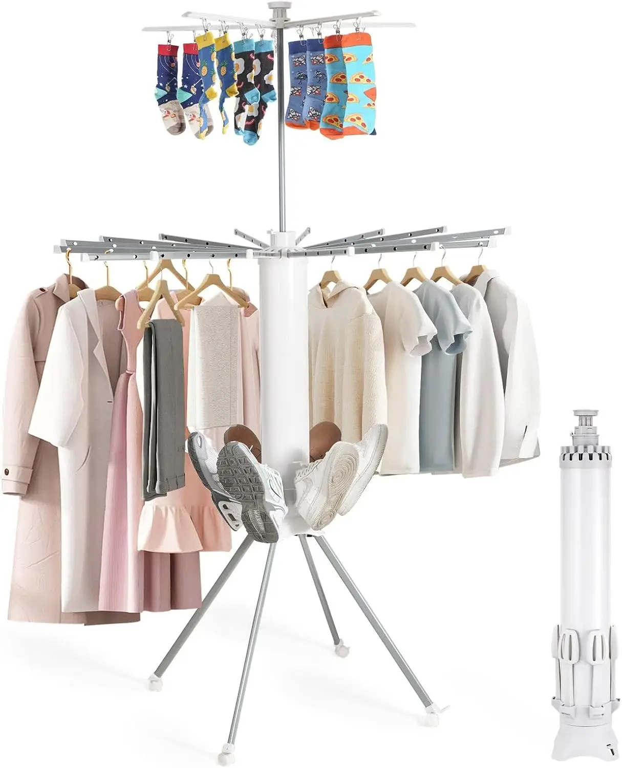 

Collapsible 4-Legged Clothes Drying Rack – Portable Laundry Stand with 20 Clips Shoe Holders Foldable Metal Double Rack for Indo
