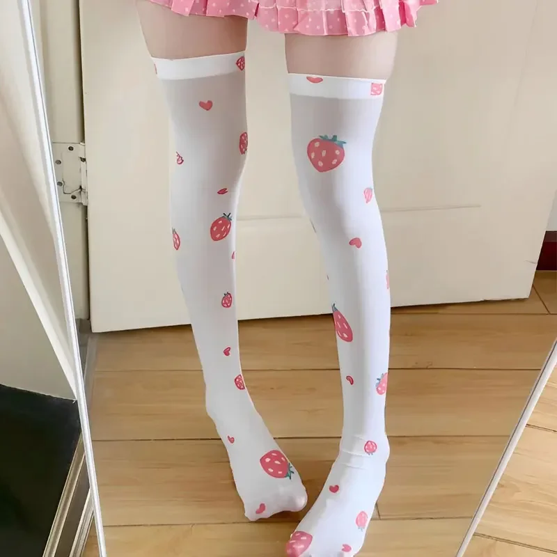 Japanese Anime Halloween Lolita Strawberry Printed Sweet Kawaii Stockings Women Cute Stockings White Tight High Over Knee Socks