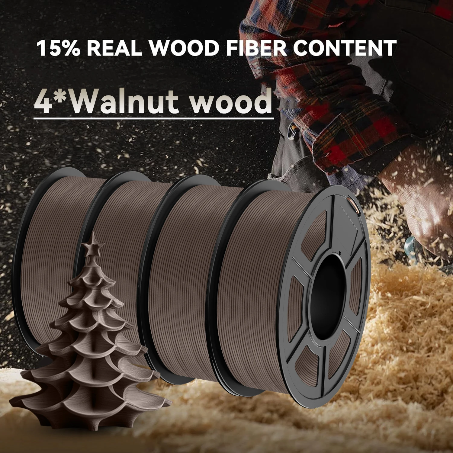 JAYO 3D-Holz-PLA-Drucker-Filament, 1,75 mm, 15 % Echtholzfasern, Maßgenauigkeit +/- 0,02 mm, passend für die meisten FDM-3D-Drucker, 4 Rollen