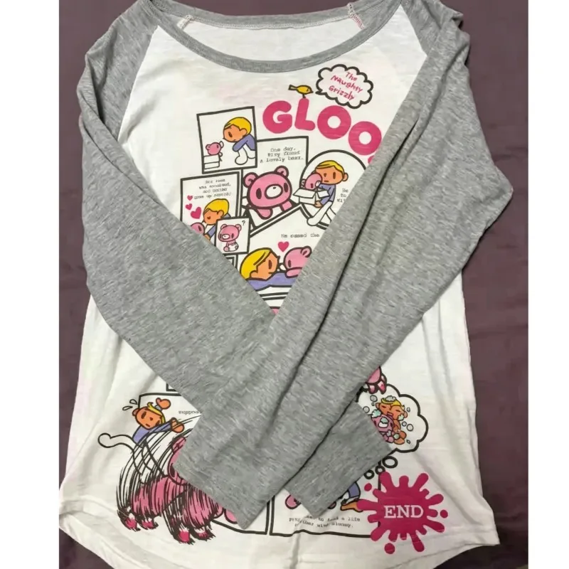 Girls' Student Spring and Autumn Millennium Light Asian Early Autumn Y2K Cute Bear Gray and White Raglan Long Sleeve T-Shirt