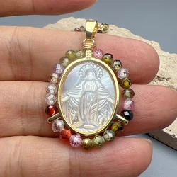 Oval Medal Sacred Virgin Mary Pendants For Jewelry Making DIY Women Colored Zircon Beads Mother Pearl Shell Necklace Charms