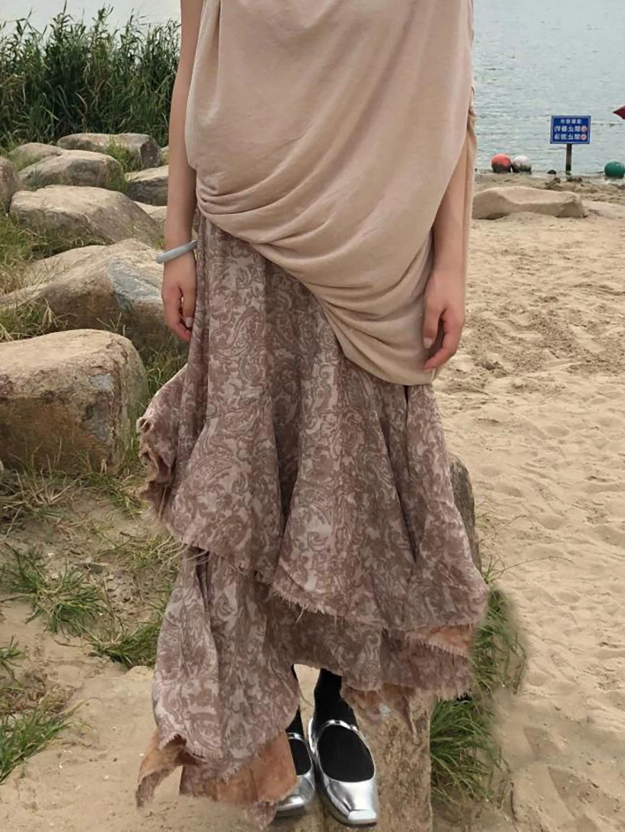 

Осень-зима, двухслойная юбка f, женская юбка-миди с неровным подолом и рюшами на эластичной талии, корейская юбка трапециевидной формы для поездок на работу