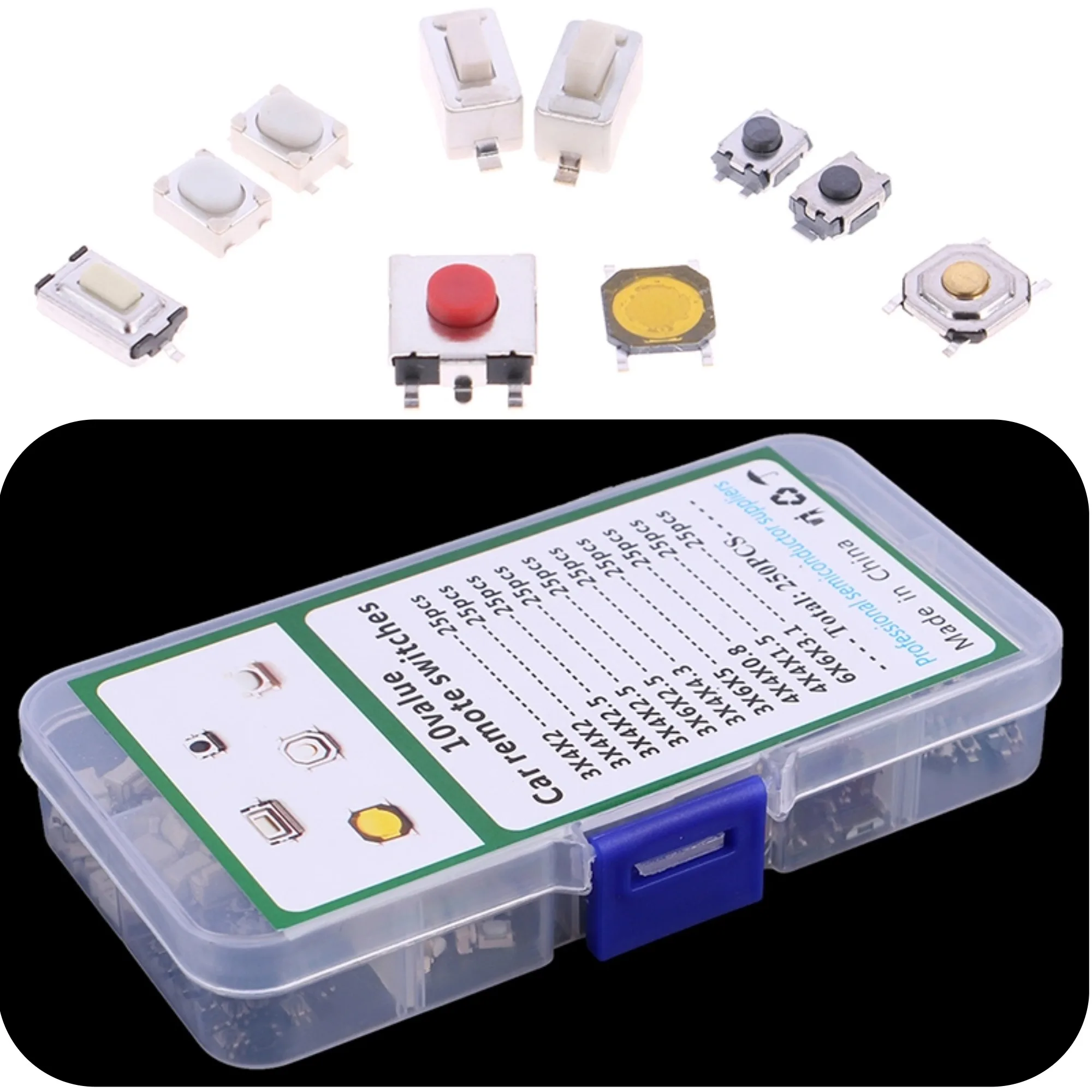 

250 шт./1 набор, многофункциональные тактильные кнопки-переключатели 10 типов, кнопки для автомобильных ключей, сенсорные микропереключатели, маленькие сенсорные кнопки включения/выключения