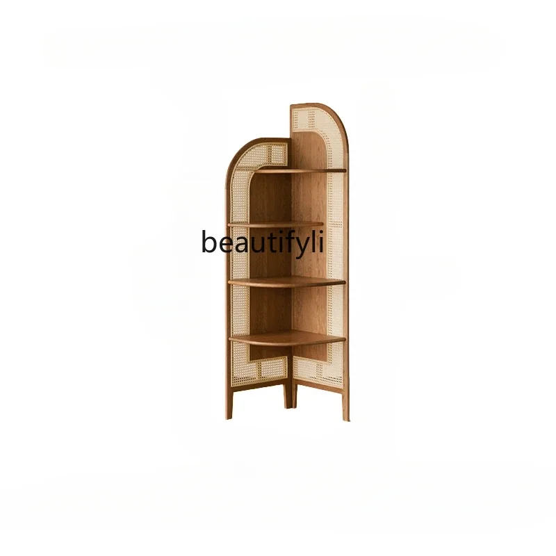 

S Solid Wood Rattan Triangle Cabinet Small Apartment Living Room Storage Display Stand Bedroom Corner Cabinet Corner Shelf