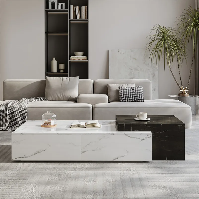 Italian minimalist full rock slab coffee table living room light luxury black and white contrasting color coffee table