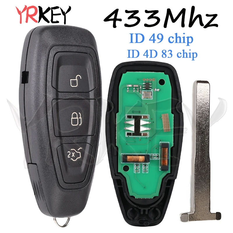 Car Smart Keys For Ford Focus Mondeo B-Max Kuga Fiesta C-Max Grand 3 Buttons Uncut Key Blade Remote Key 4D ID49 Chip Battery