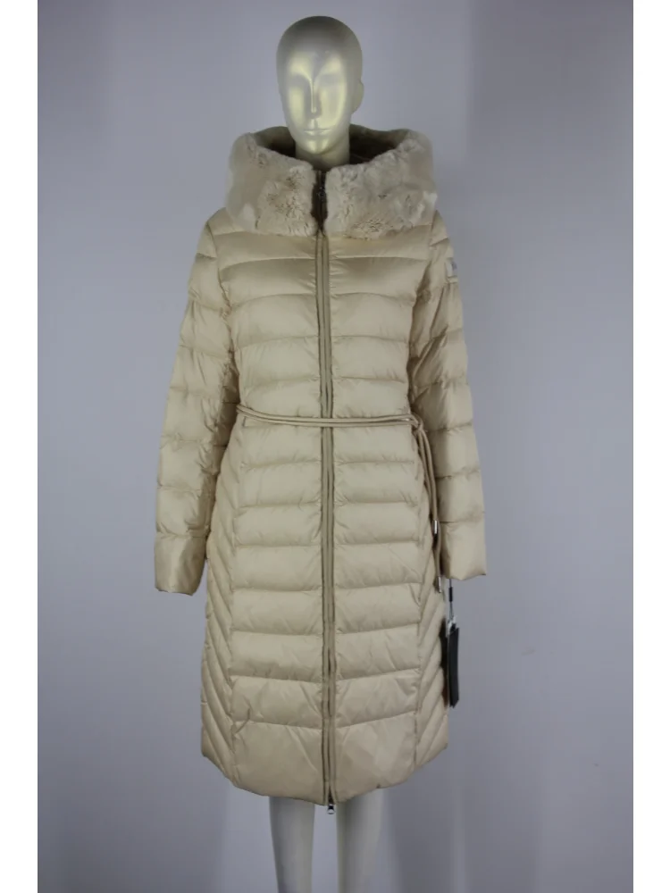 

VERALBA Winter Warm Ladies Down Jacket With Fur Collar Belt Waist Collection Fashion Beige Coat Puffer Women Long Goose Female