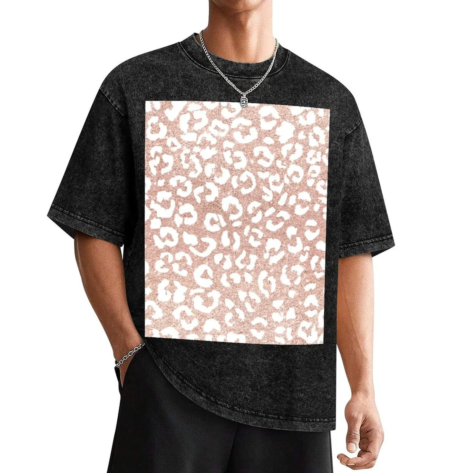 

White hand painted leopard pattern on faux rose gold glitter T-Shirt kawaii clothes boys animal print mens t shirts top quality