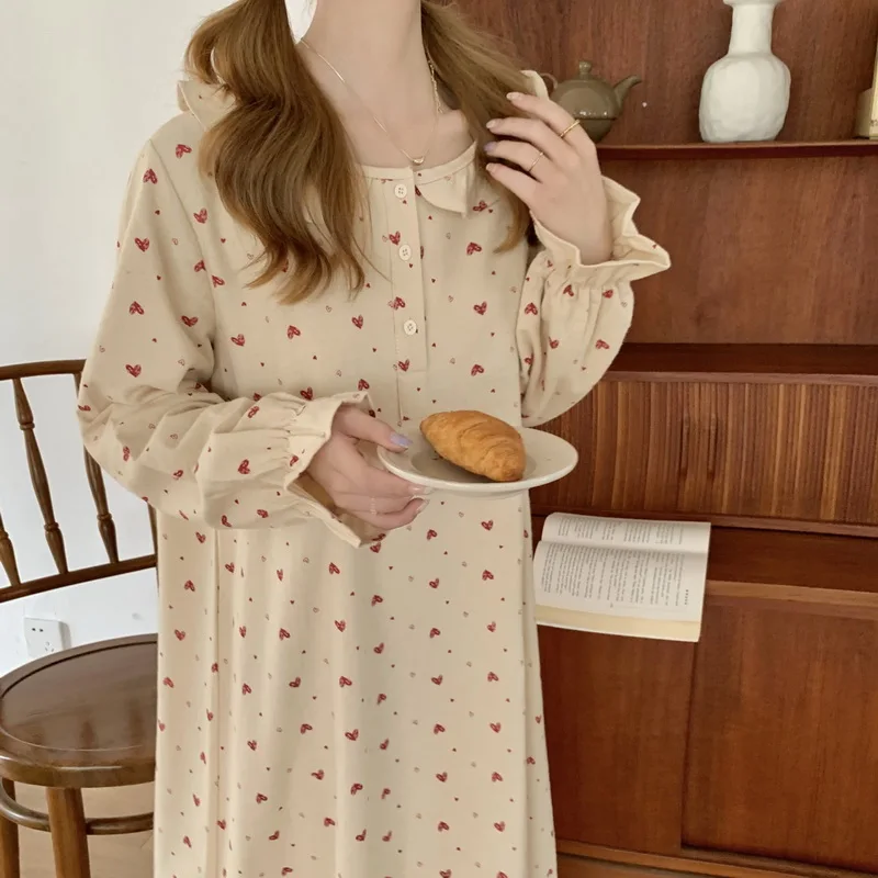 Cute nightgown Polished pajamas long sleeved pure cotton pajamas women's springd autumn 2024 home wear women's outerwear dress