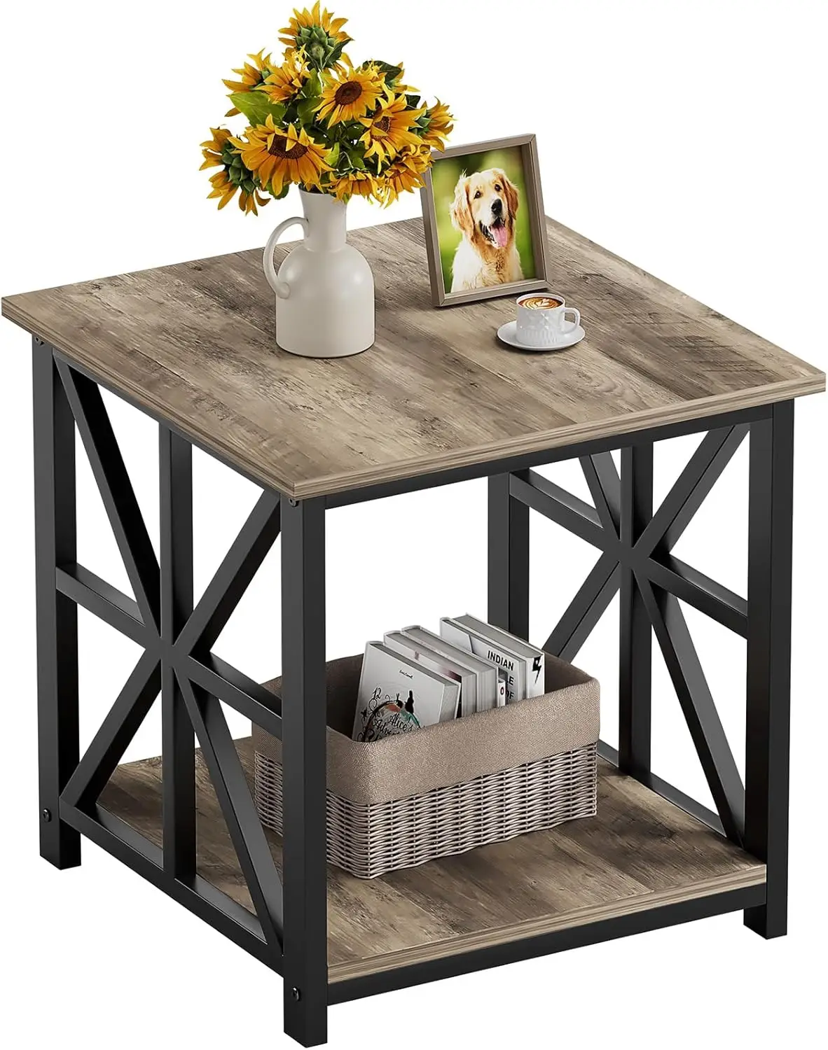 

End Table with 2-Tier Storage Shelf, 24 inch Large Side Table for Living Room,Modern Nightstand for Bedroom Bedside Office Farmh