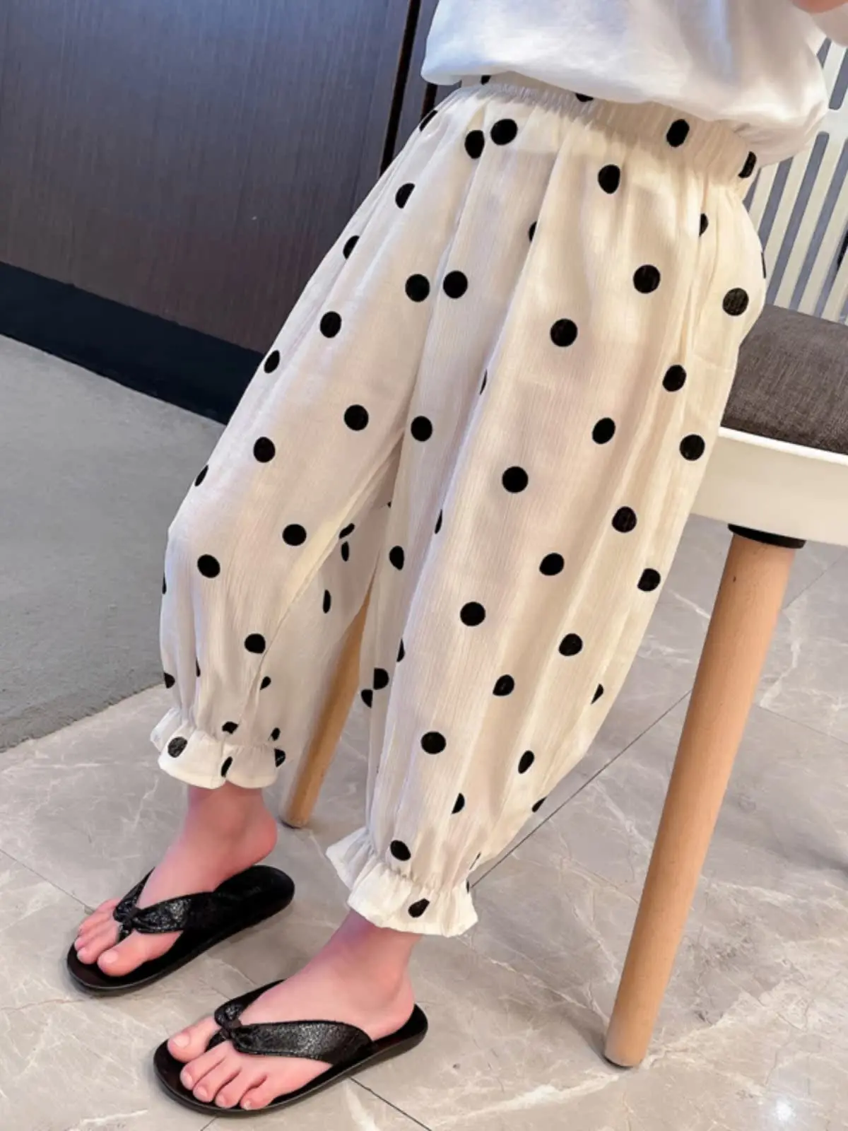 Verão anti-mosquito suave bolinhas floral meninas calças soltas bebê lanterna calças casuais calças compridas para idades de 7 e sob