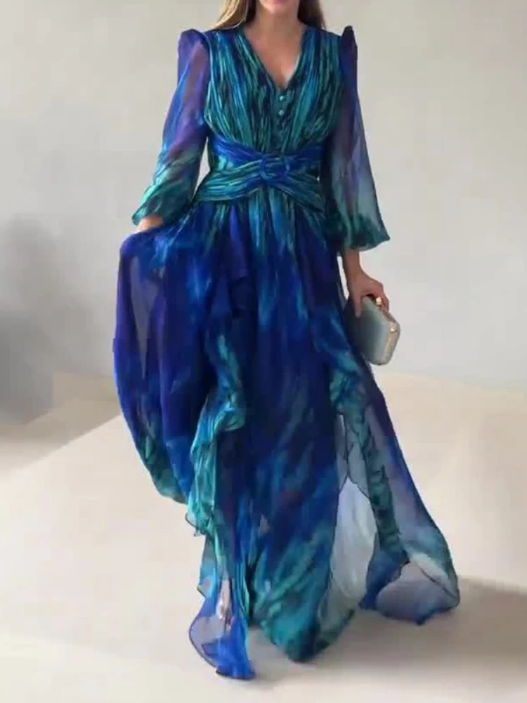 2025 Abito estivo in chiffon con stampa a vita alta con scollo a V a trapezio Abiti stile vintage Abito da sera maxi da ufficio a maniche lunghe per le donne