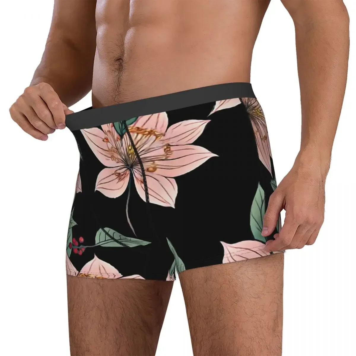 Boxer Underpants Shorts Big Cherry Blossoms On Black Panties Men's Soft Underwear for Homme Man Boyfriend Gifts