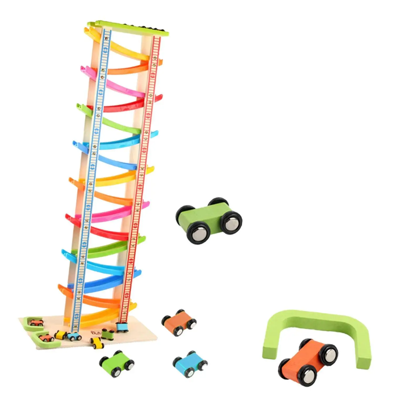 Wooden Car Ramp Toy with Mini Cars Vehicle Playset Fun Educational Zig Car Slide Toys for Ages 1 2 3 Years Old Kids Child