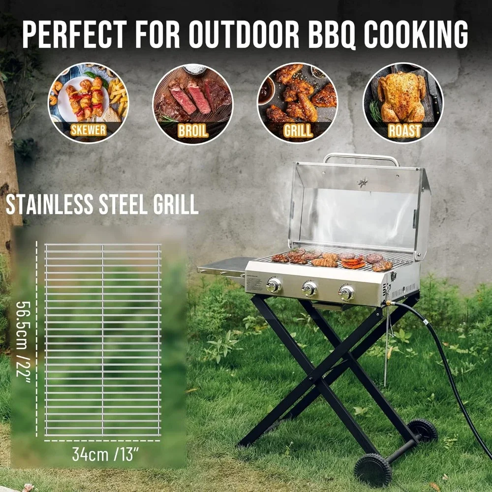 BBQ Gas Grill 3-Burner with Foldable Cart & Side Table, Portable Propane Grill with Lid for Outdoor Patio Backyard Barbecue