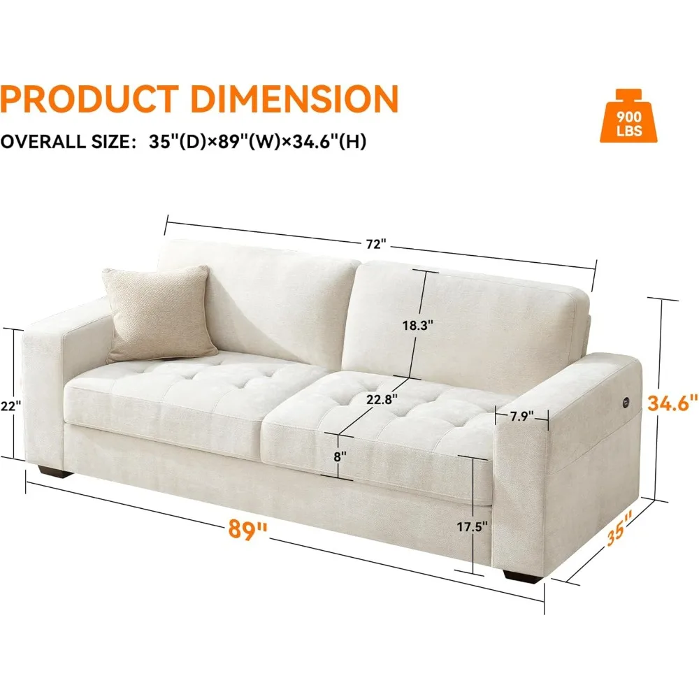 Sofa Couch for Living Room, Modern 3 Seater Couch Large Loveseat with Removable Covers and USB Ports