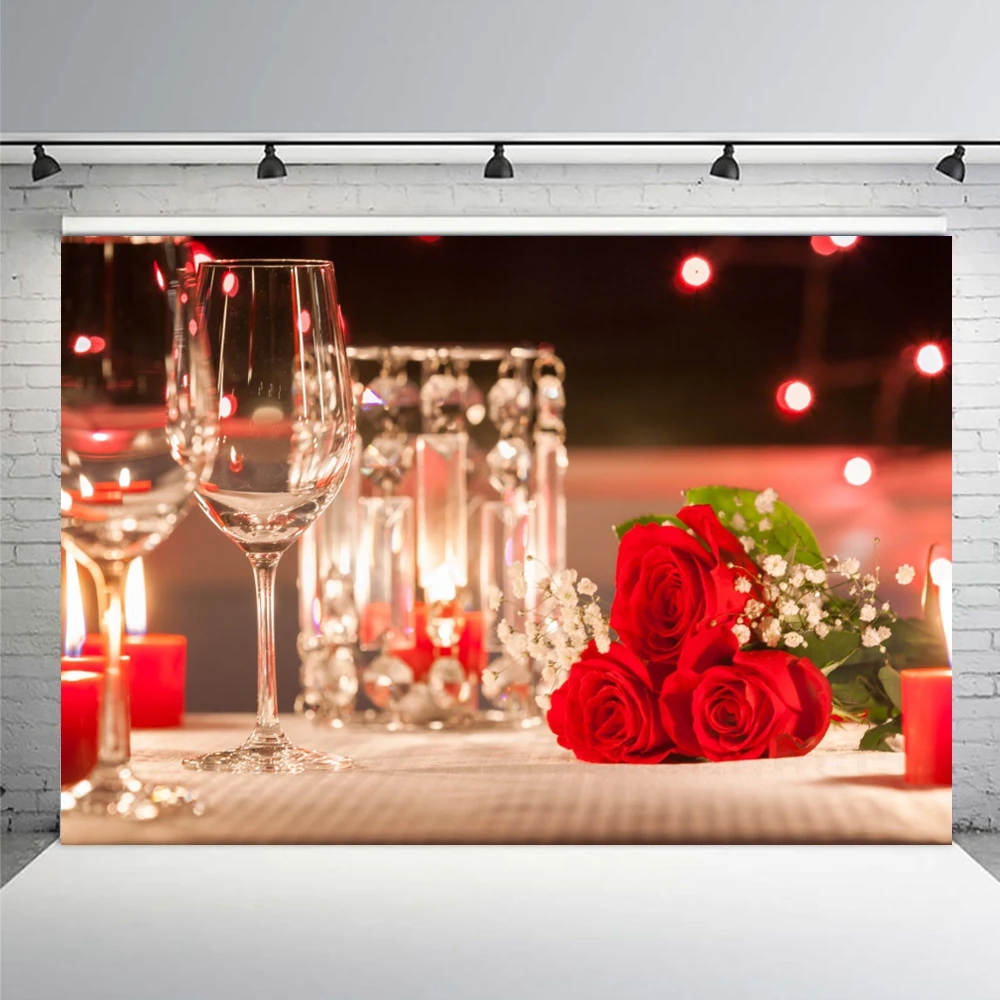 Red Rose Valentine's Day Background Love Champagne Candlelight Dinner Girl Wedding Bride Gift Birthday Party Photo Backdrop Prop