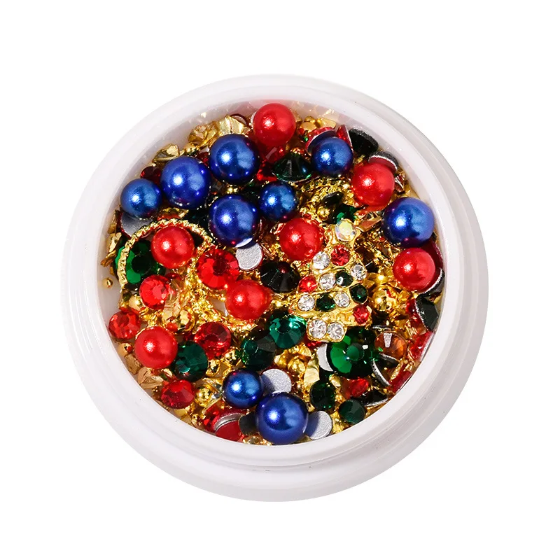 1 scatola di decorazioni natalizie per unghie in metallo di dimensioni miste fiocchi di neve 3D perle di Natale verde rosso oro perline per unghie accessori per manicure