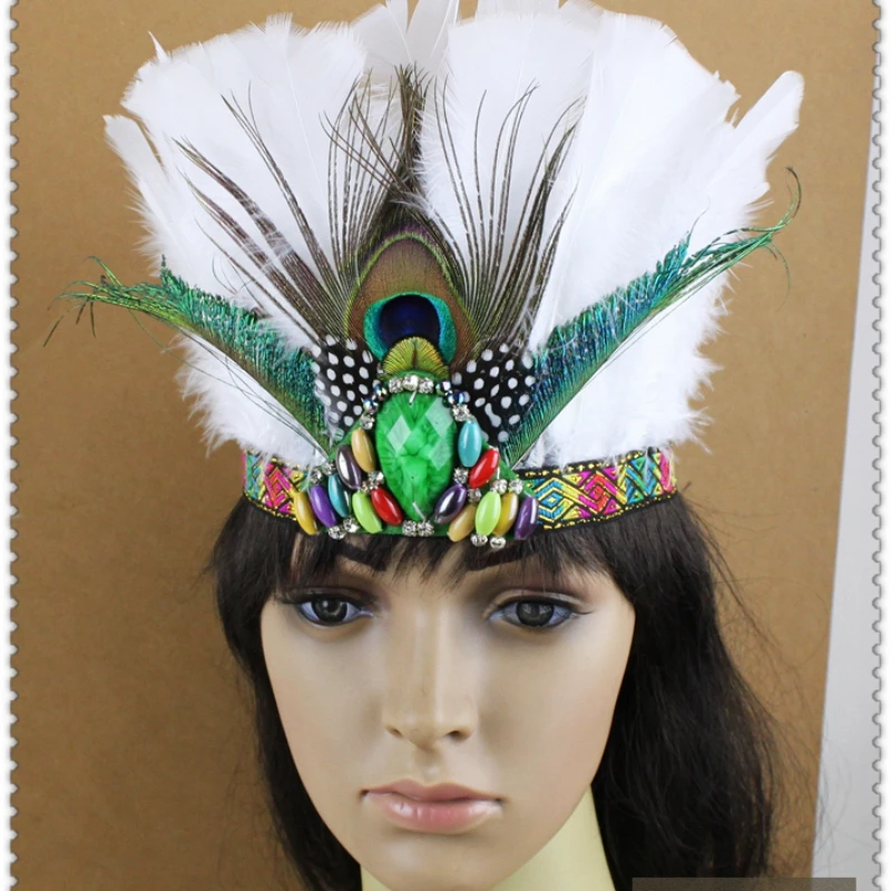 White Peacock Feather Headband Party Hair Accessories Halloween Elastic Rhinstone Feather Headwear for Adults/Kids