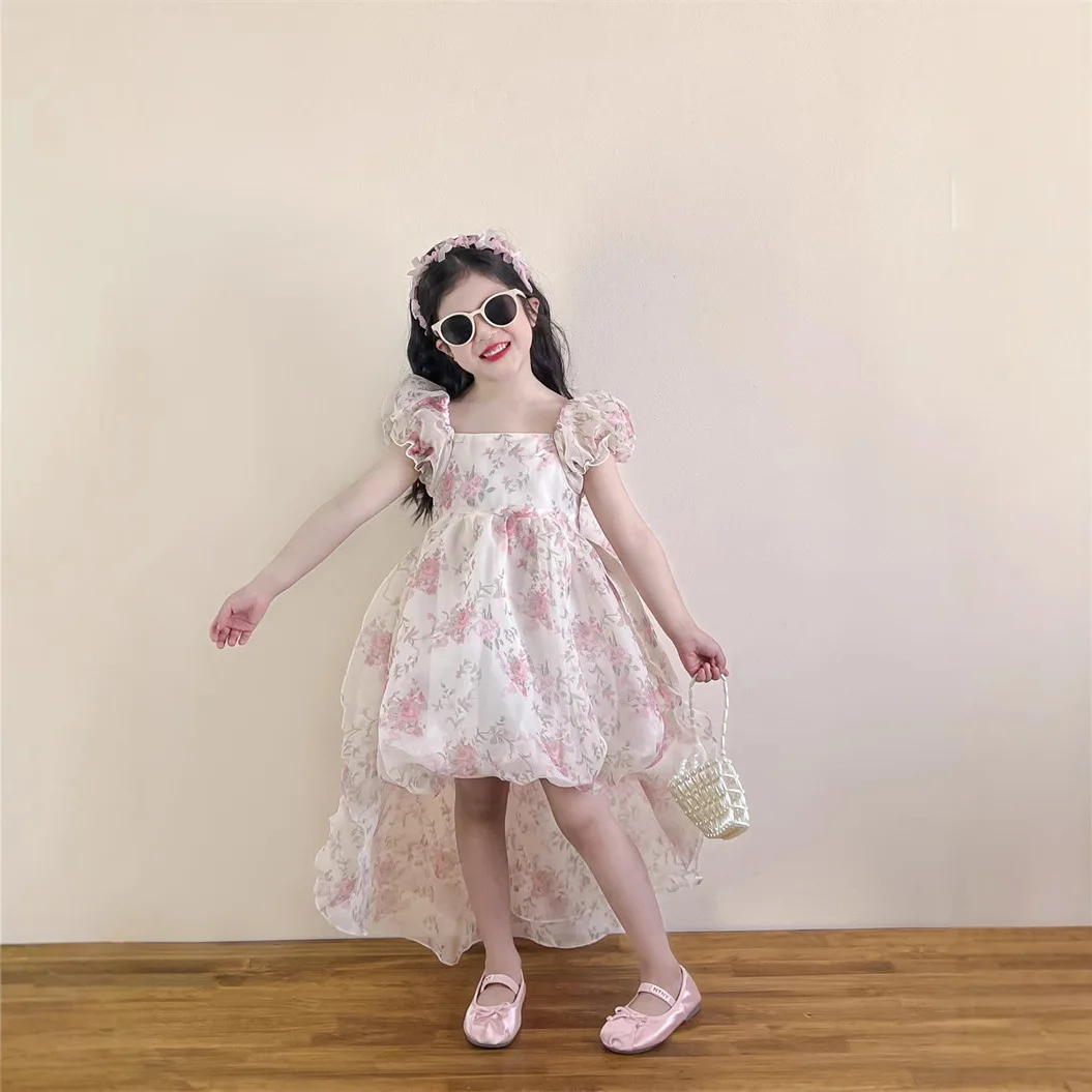 

Юбка для девочек, новинка лета 2024, детская одежда, корейский стиль, детское платье с цветочным принтом и большим бантом, повседневное простое повседневное платье