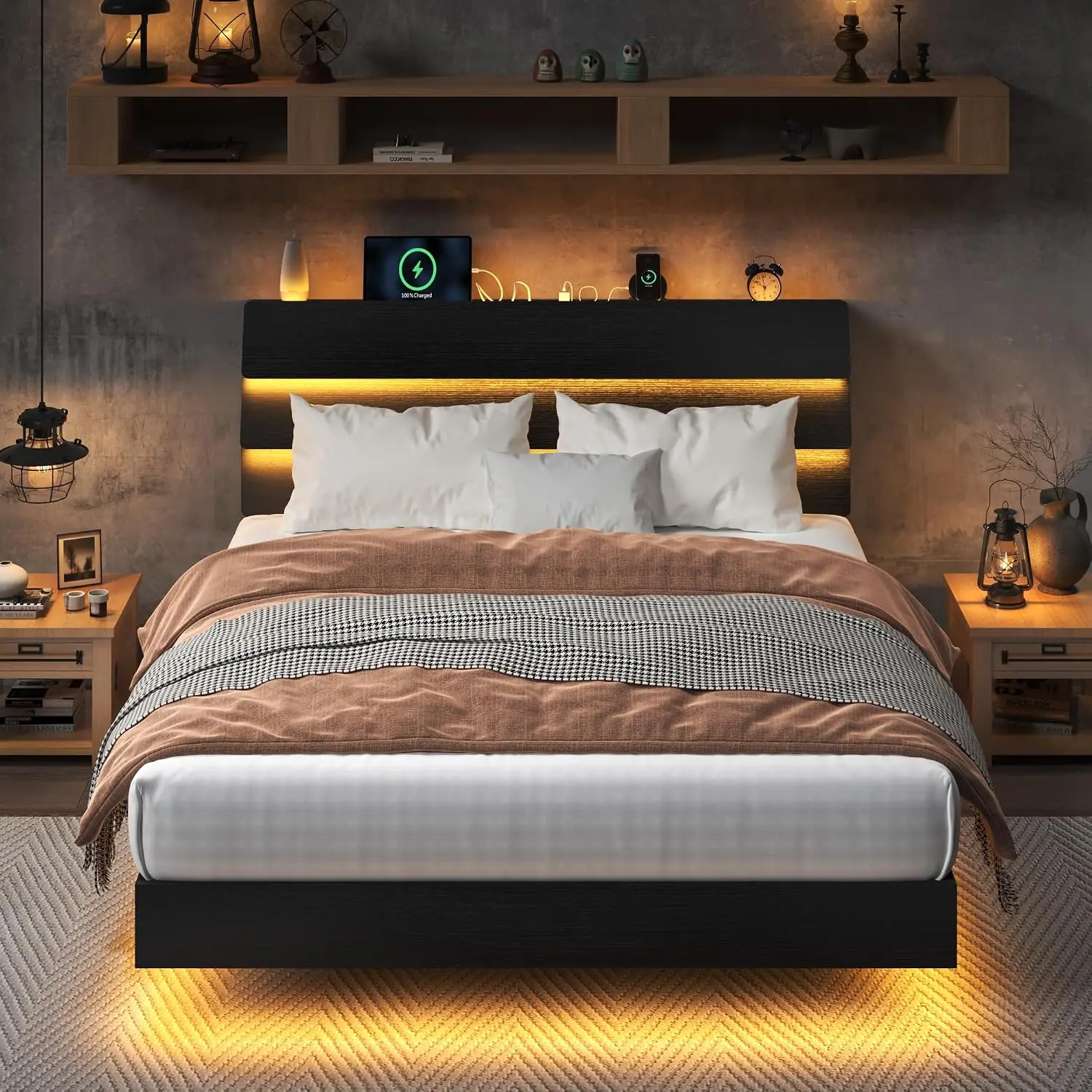 Floating Bed Frame Queen Size with Led Lights and Charging Station, Wood Queen Bed Frame with Storage Headboard,, Customized