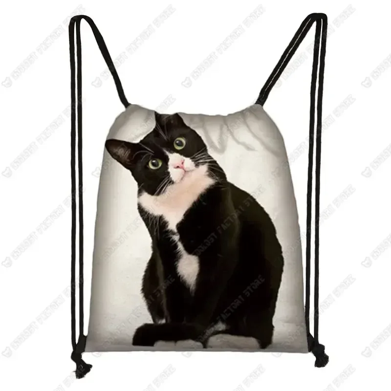 Cute  Black Cat Drawstring Bag Women Shopping Bags Canvas Travel Bag Fashion Storage Bags Teenager Girls Backpack