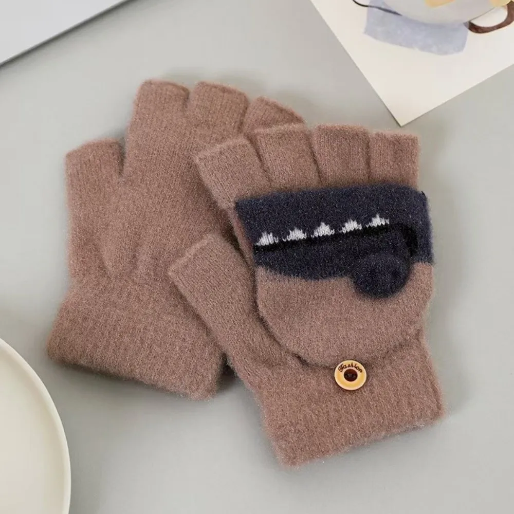 Knitted Half-Finger Gloves Thick Warm Cartoon Crocodile Design Flip Top Gloves Soft Elastic Cuff Convertible Mittens Winter