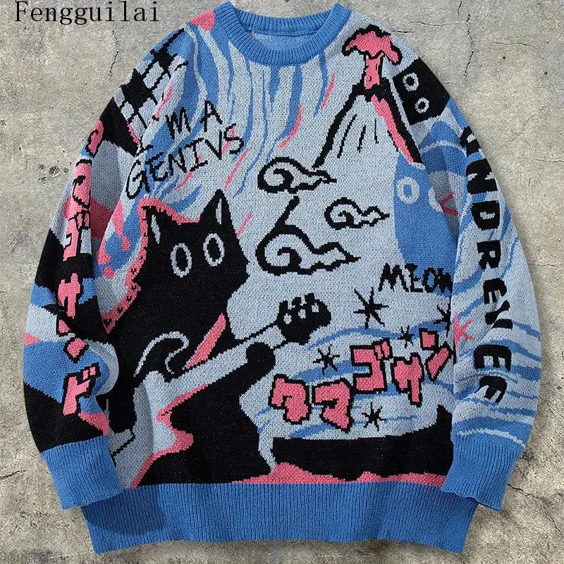 Mens Crew Neck Cartoon Cat Print Knit Pullover Retro Graffiti Pattern Long Sleeve Oversized Casual Streetwear Sweater