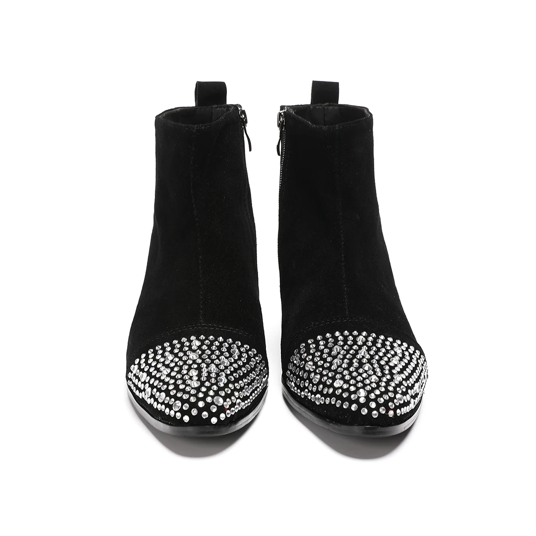 Male suede Leather Rhinestone High Heel Ankle Boots men Zipper Black pointed Toe Night Club Party short boots Plus Size Shoes - view 6