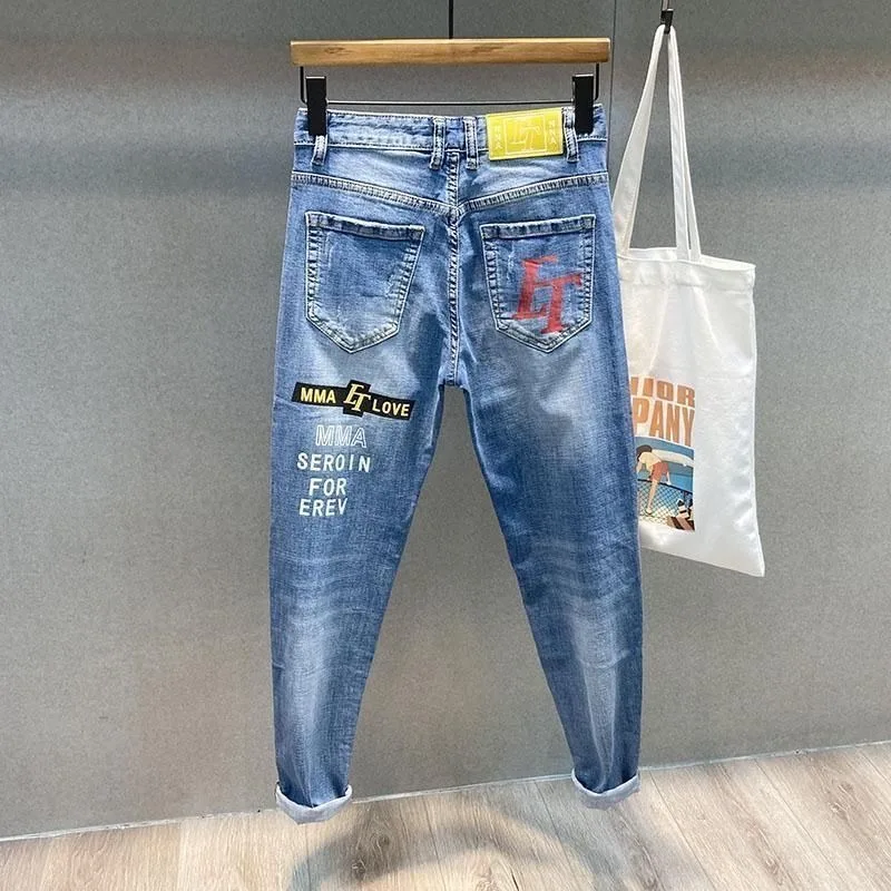 2024 New Luxury Designer Men\'s Jeans Casual Denim Slim Fit Pencil Pants with Embroidered Prints for Spring Autumn Hip-hop Pants