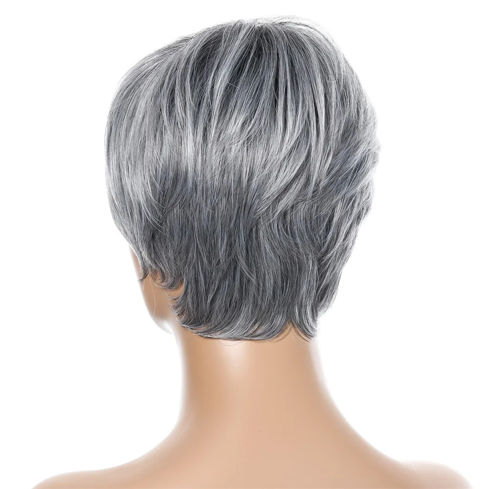European and American Wigs Women\'s Short Straight Synthetic With Bangs Hair Silver Gray Chemical Fiber Daily Use Fashion Headgea