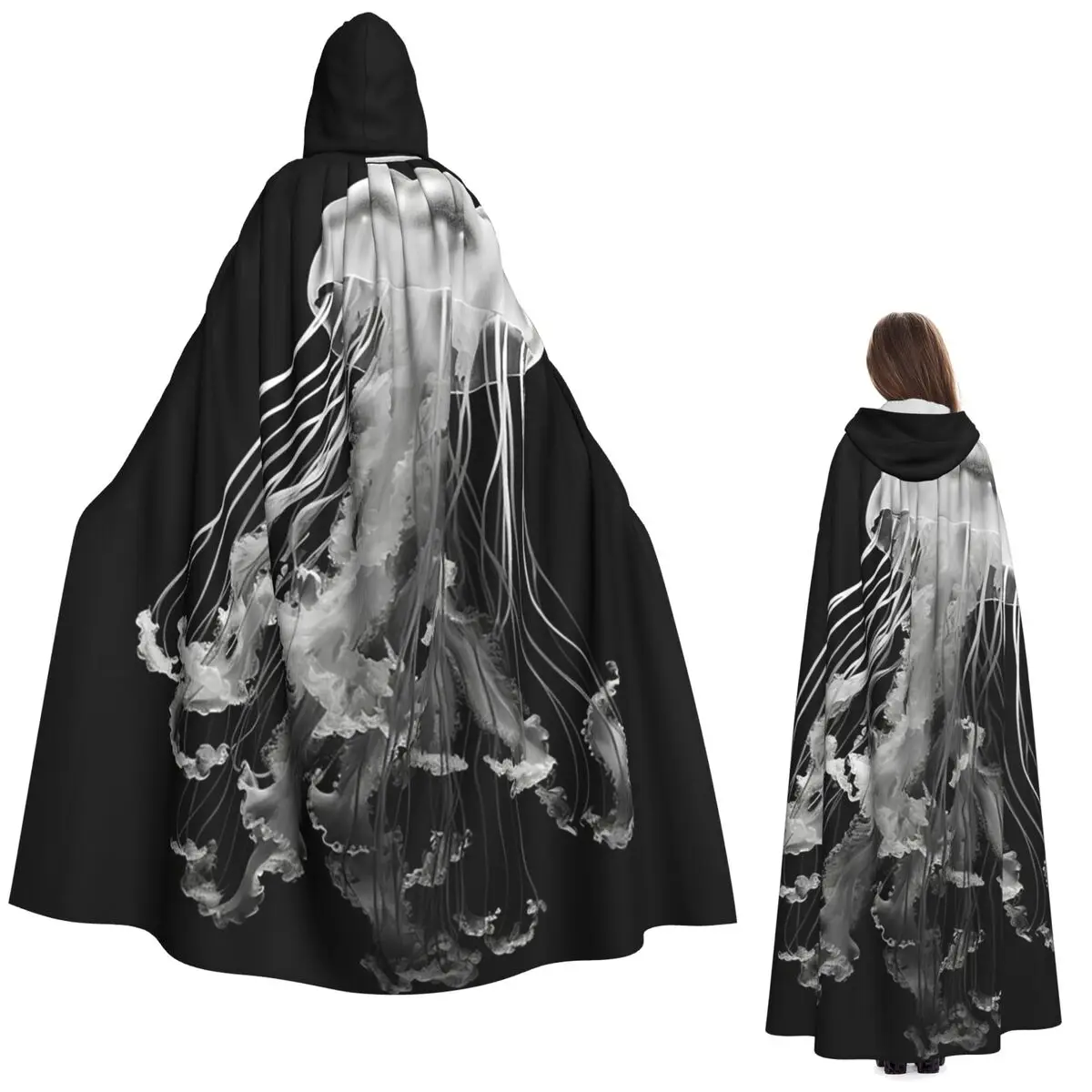 

Transparent Jellyfish Long Hooded Cloak Witch Medieval Costume Cosplay Cape HalloweenParty Adult Unisex