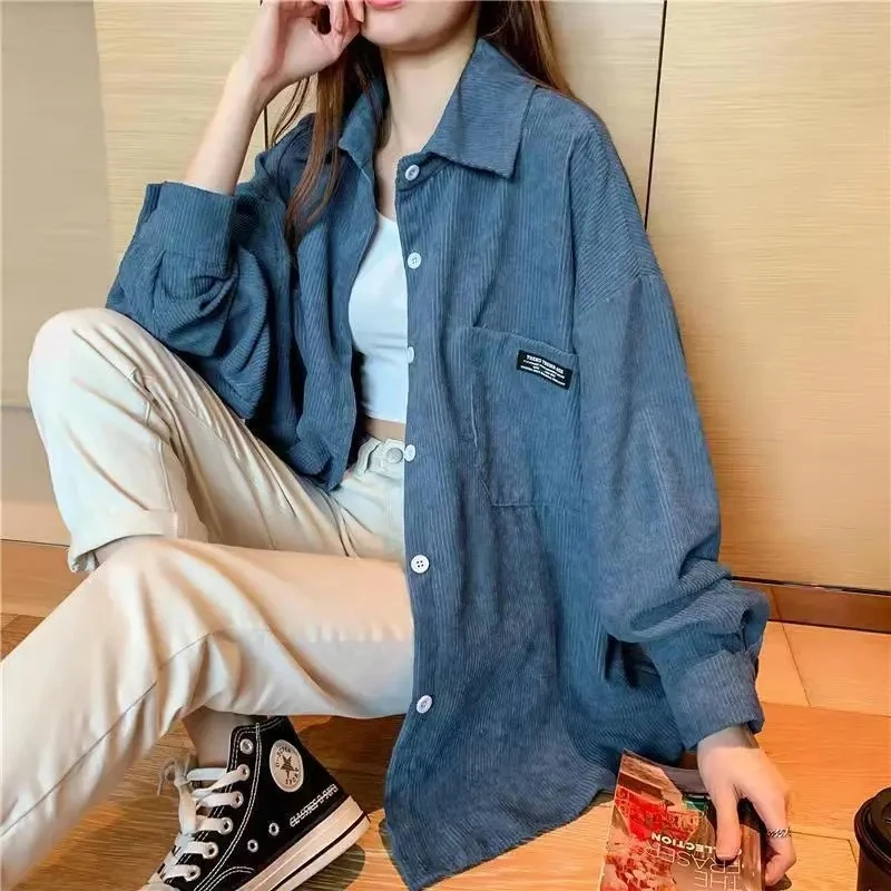 Corduroy Coat Loose Retro Trend in Spring And Autumn of 2023 Joker Cardigan Shirt Blouse Single-Breasted Pocket Outerwear