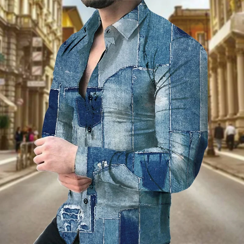 Chemise à manches longues imprimée en 3D pour hommes, chemise à revers mince, commerce extérieur, veste décontractée, transfrontalier, automne, nouveau, 2023