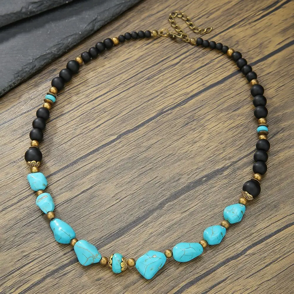 Ethnic Style Turquoise Necklace Men Texture Black Beads Beaded Necklace Accessory Adjustable Western Country Necklace Men