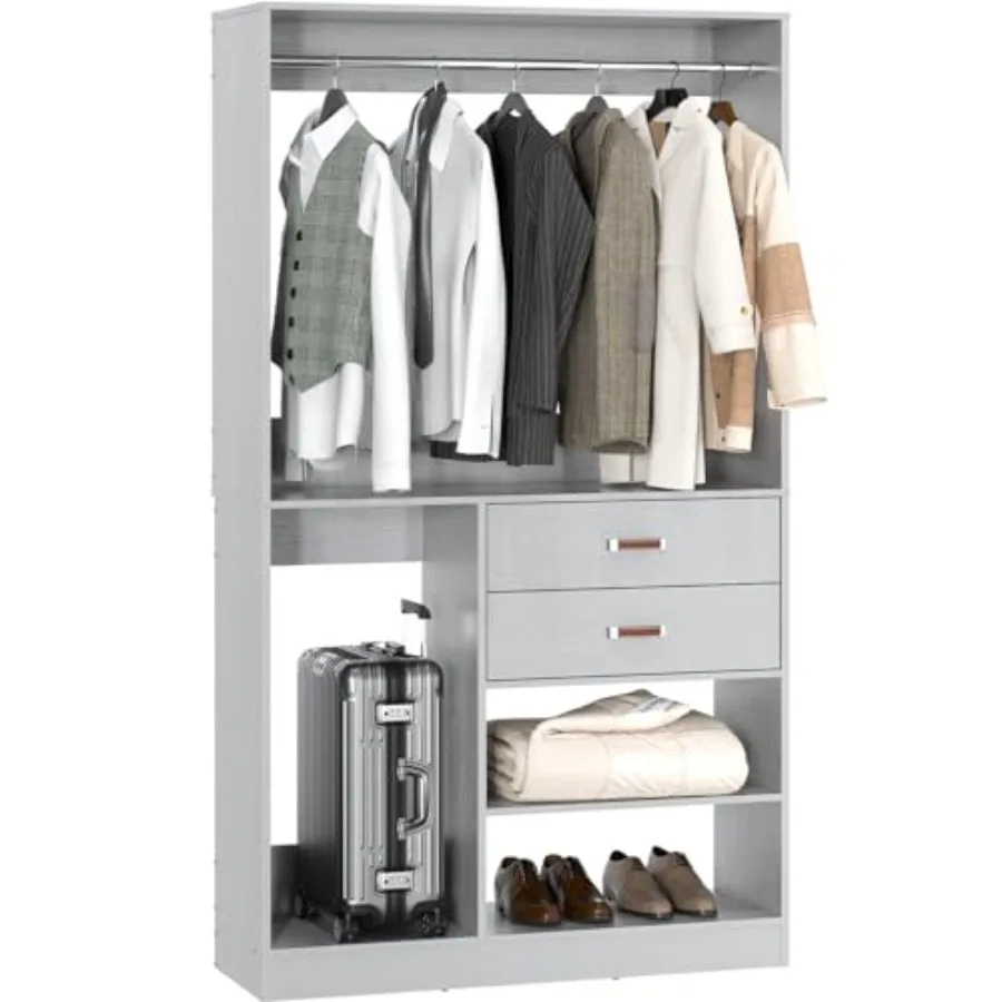 Freestanding Closet System with Suitcase Storage 40 Inches Stand-alone Wardrobe with 2 Wood Drawers 80'' Height Adjustable Clot