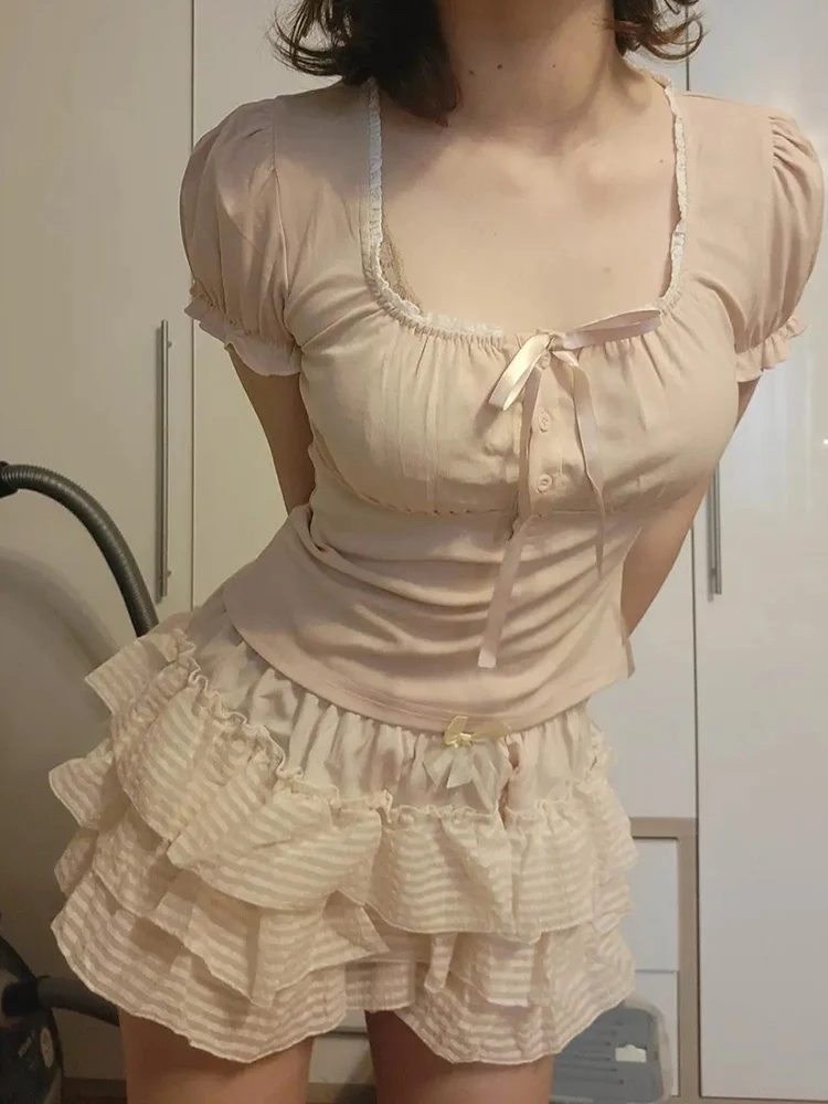 Top con botones para mujer, camisetas ajustadas con contraste de encaje y costura con lazo y cuello cuadrado, camisetas coreanas Y2K de verano