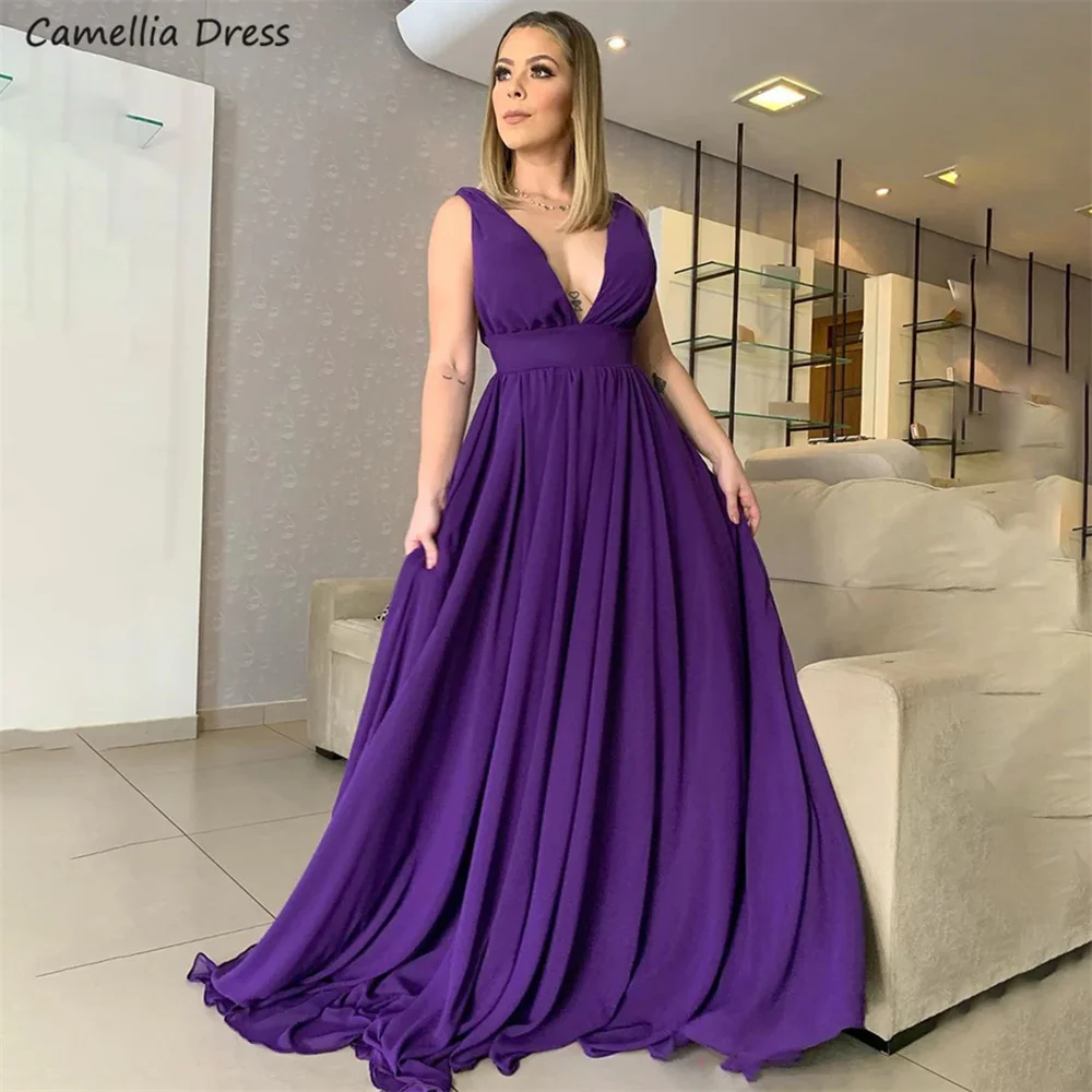 Einfache V-ausschnitt Lila Chiffon Lange Prom Kleider Tiefe V Backless Brautjungfer Kleider Formale Abendkleid Robe De Soirée فستان سهرة