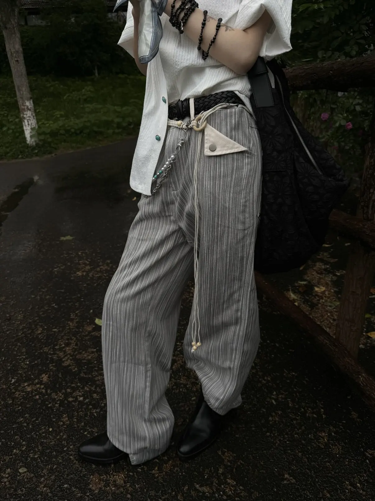 American Baroque Stripe Page Retro Money Style Jeans White Skin Splicing Collision Nail Straight Casual Long Trousers for Men