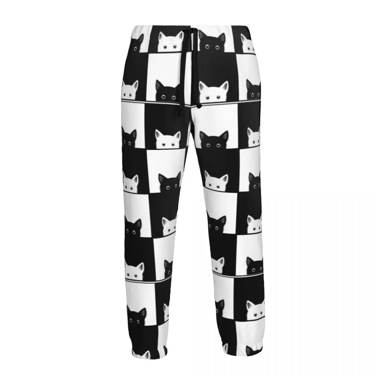 Men Sports Pants Male Casual Loose Trousers Black White Cat Chess Board Sportpants