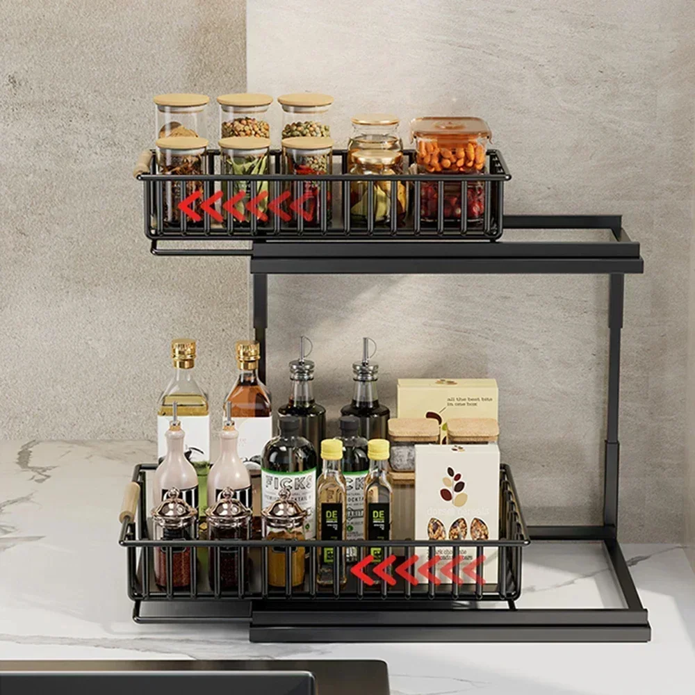 Kitchen Storage Spice Rack with Slide Rails 2 Tier Multifunctional Pull-out Under Sink Cabinets seasoning Organizer Shelf