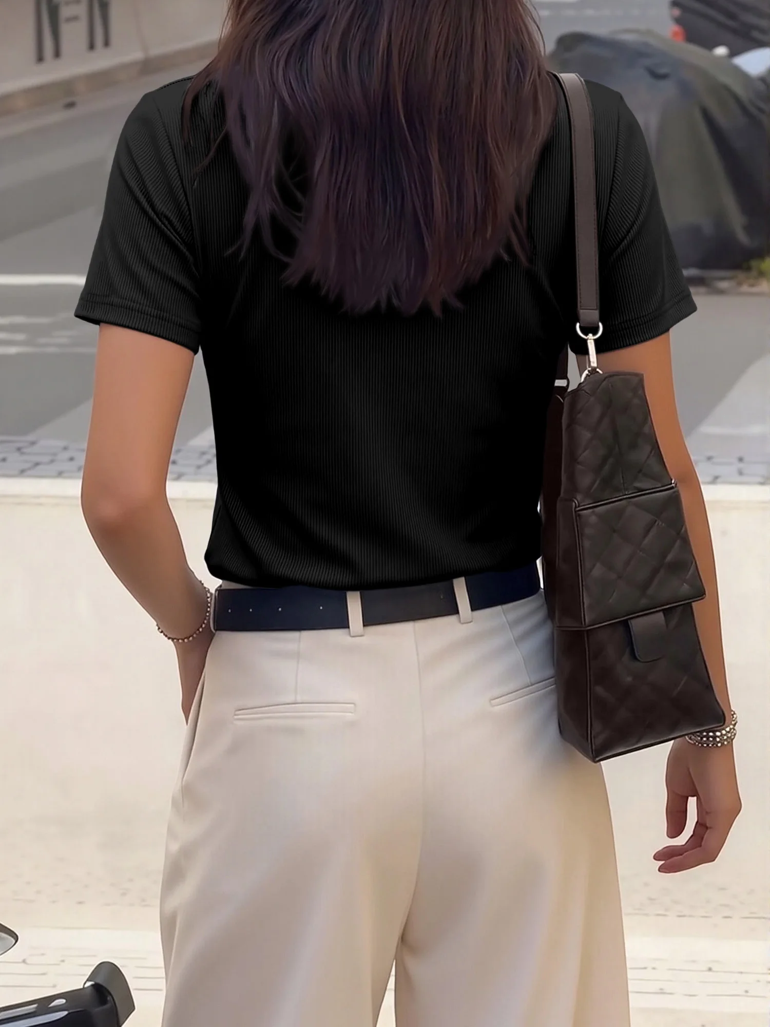 Lightweight Summer Women Casual Top Ribbed Polo Tee Color Contrast Collar V‑Neck Short Sleeve Shirt Ladies Everyday Wardrobe