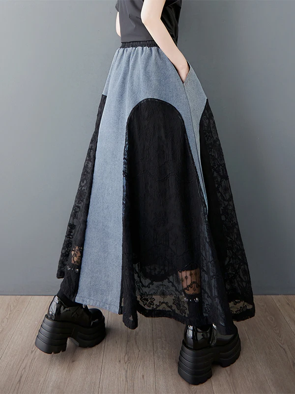

Loose Oversized Me Splice Denim Skirt f-length Summer Spring Street Sle l Waist Regular Length Casual Skirts